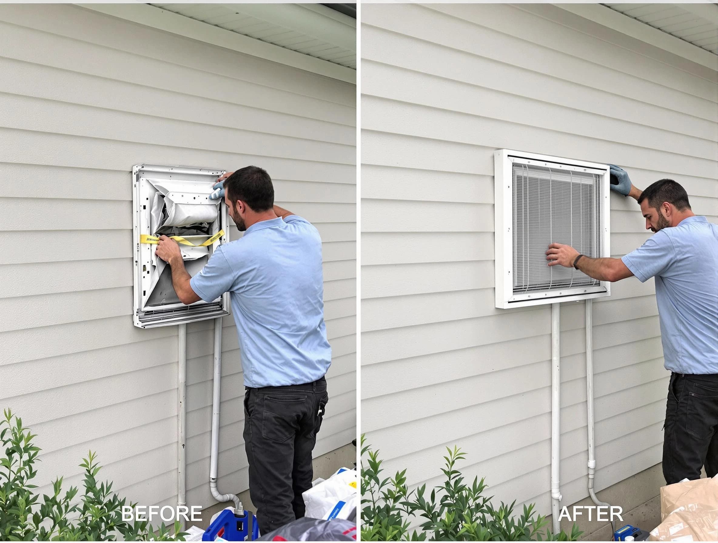 Draper Dryer Vent Cleaning technician installing high-quality dryer vent cover at a residential property in Draper