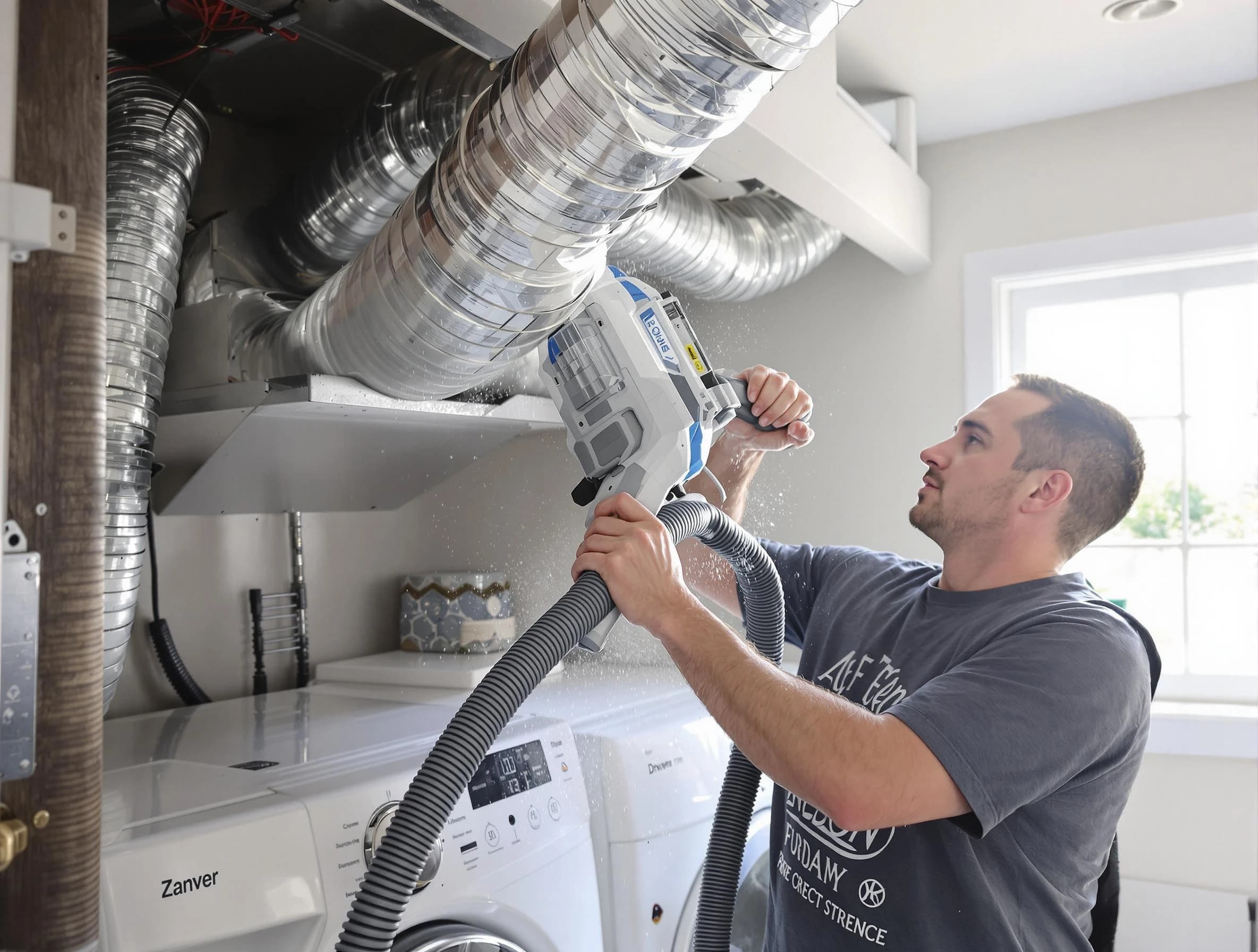 Draper Dryer Vent Cleaning specialist cleaning deep within a dryer vent duct system in Draper