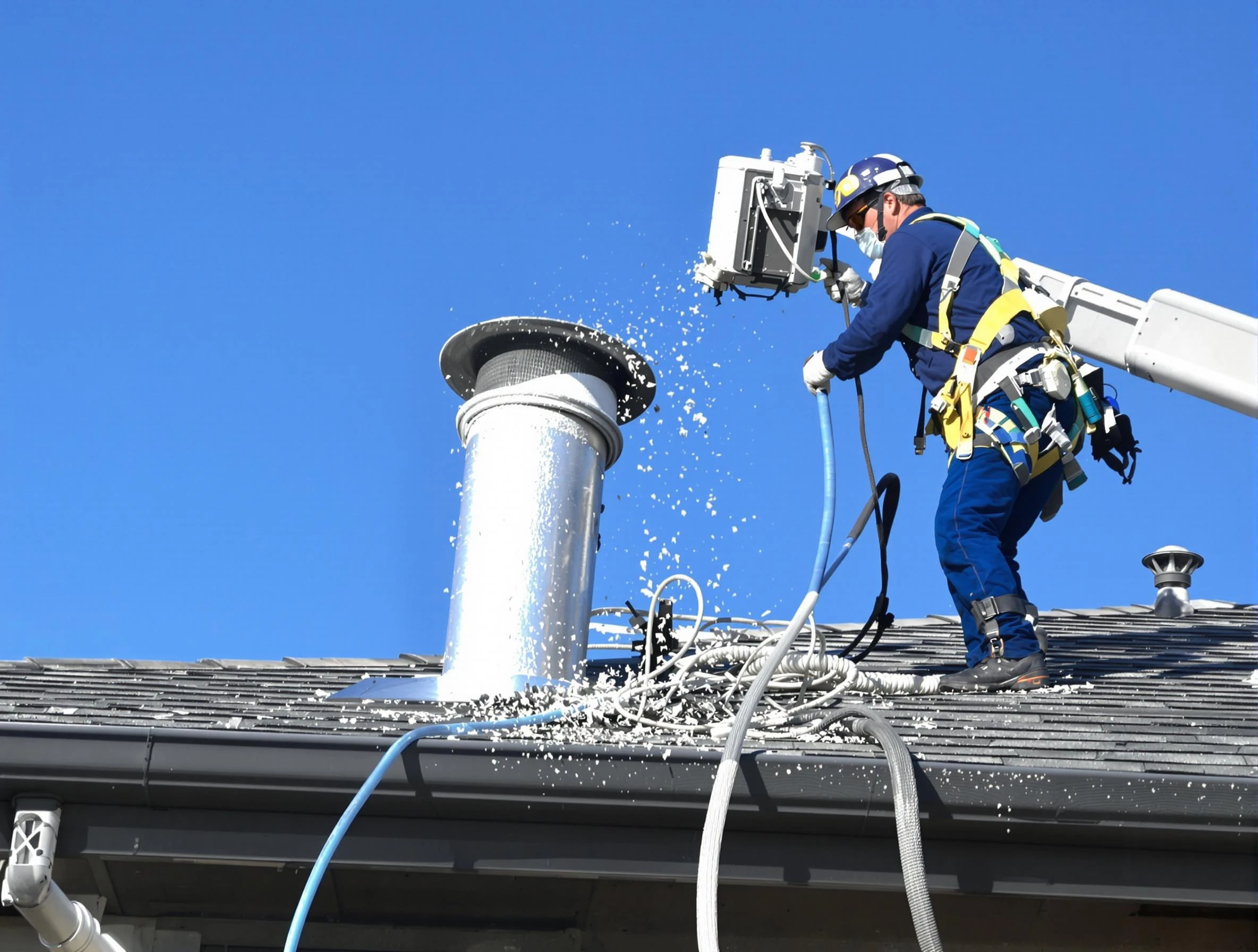 Draper Dryer Vent Cleaning certified technician safely cleaning a roof-mounted dryer vent in Draper